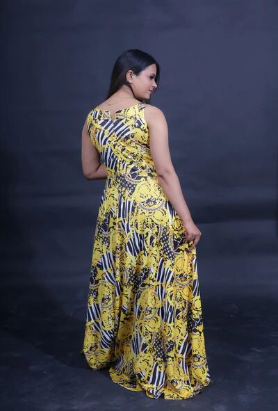 Yellow Printed Full Length Gown