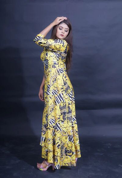 Yellow Printed Full Length Gown