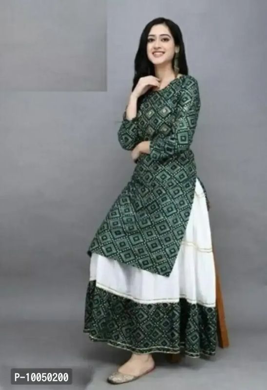 Green Long Sleeve Printed Ladies Kurta