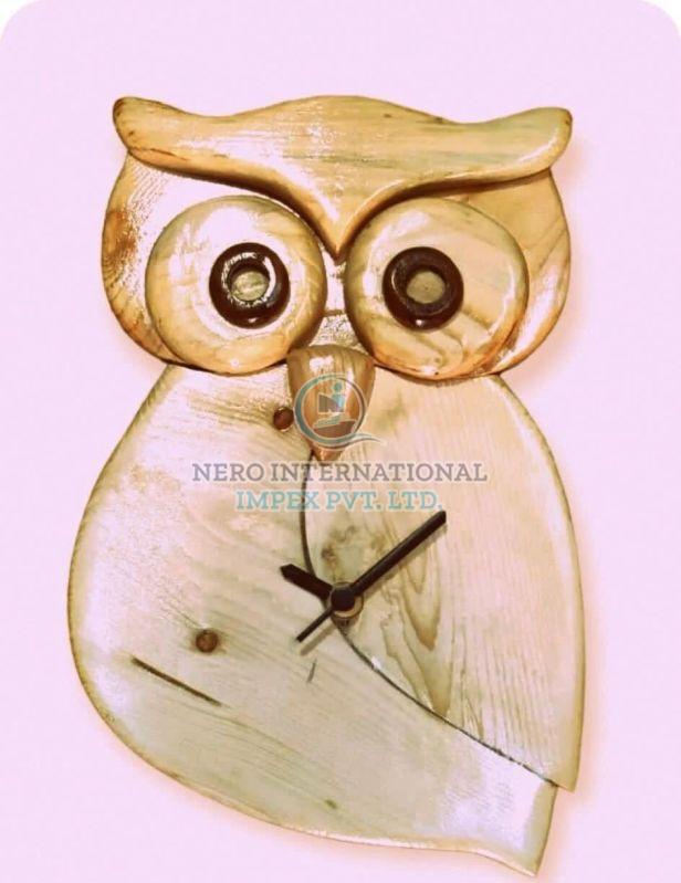 Creamy Bengal Art Wooden Owl Shape Clock, for Wall Decoration, Feature : Durable, Fine Finishing