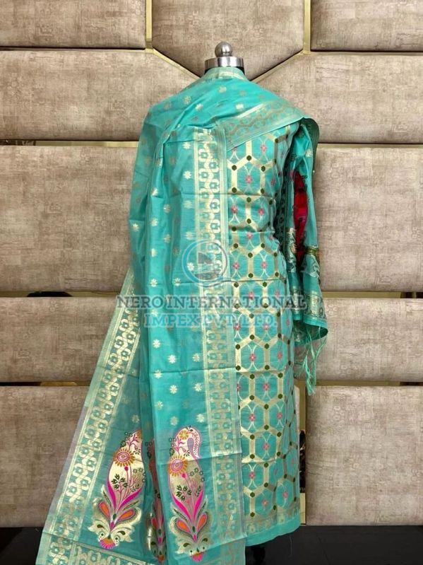 Ladies Aqua Green Handloom Pure Banarasi Suit