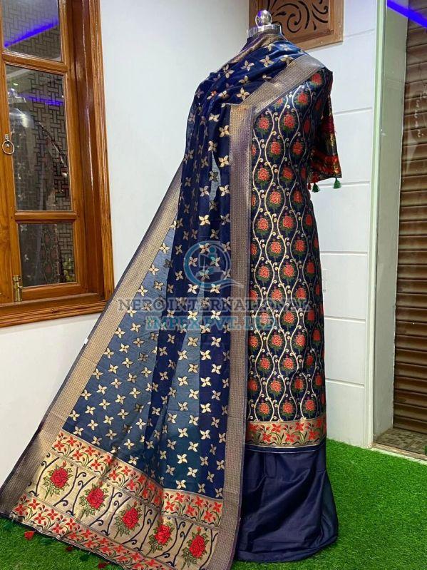 Ladies Blue Handloom Pure Banarasi Suit