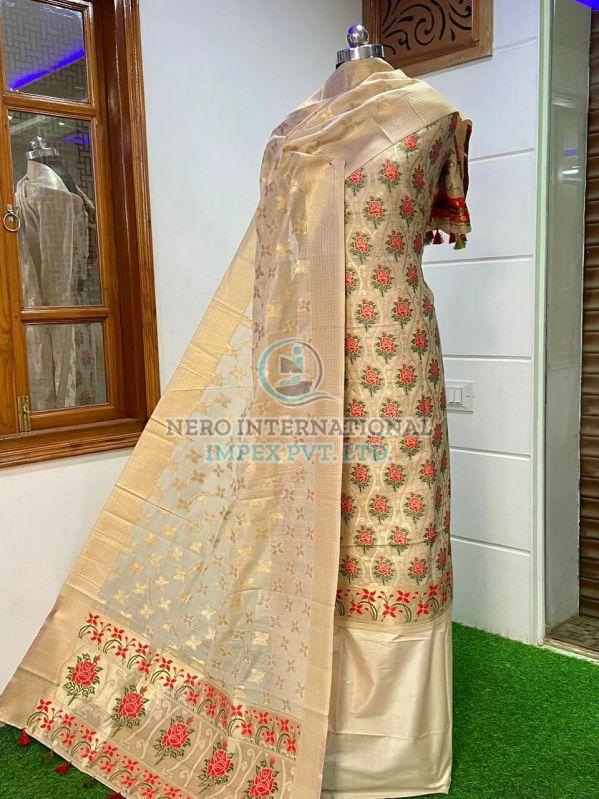 Ladies Creamy Handloom Pure Banarasi Suit