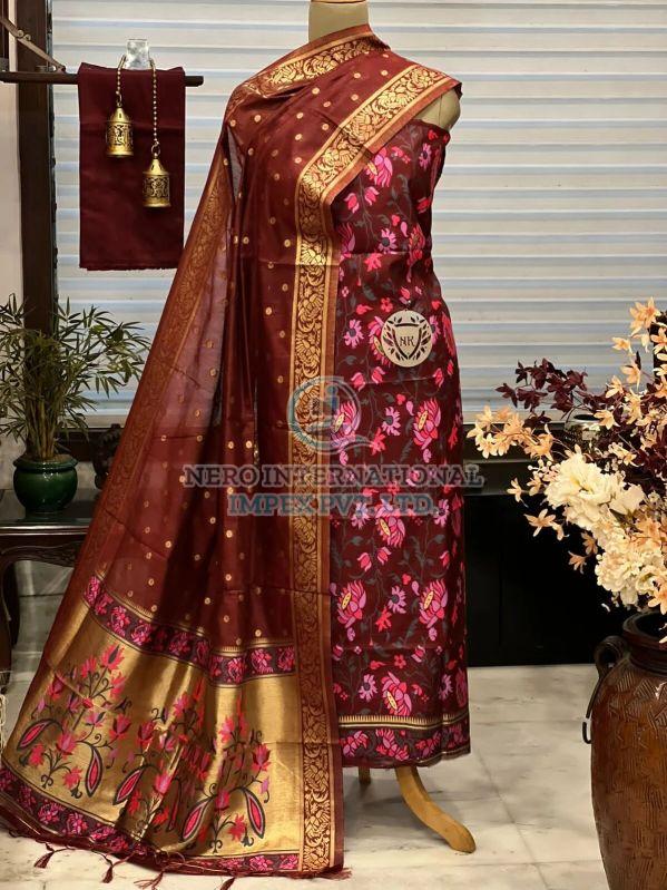 Ladies maroon handloom pure banarasi suit, Occasion : Festival Wear, Party Wear