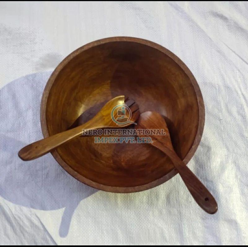 Round Wooden Bowl & Spoon Set, For Restaurant, Color : Brown