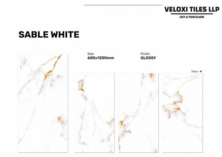 Veloxi Porcelain Glossy Sable White Floor Tile, for Flooring, Size : 600X1200mm