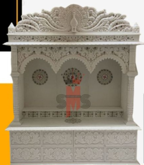 Makrana White Marble Inlay Work Mandir, For Home, Packaging Type : Thermocol Box, Carton Box