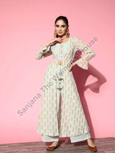 Regular Fit Printed Green Georgette Co-Ord Set, Sleeve Style : Full Sleeves