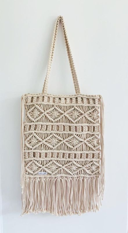 White Embroidered Cotton Macrame Shoulder Bags, Size : Standard