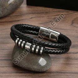 Black Round Men Leather Bracelet, for Hand Accessories, Feature : Finely Finished, Smooth Texture