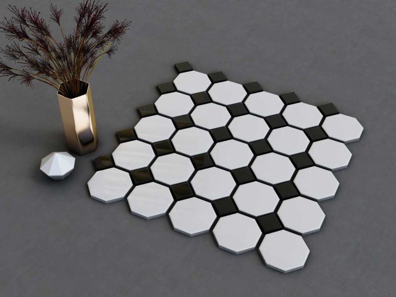 Octagon White & Black Porcelain Mosaic Tiles