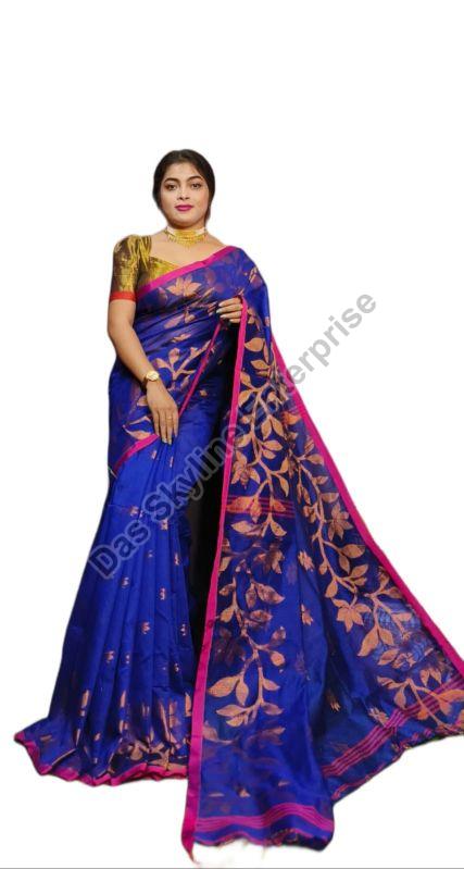 Ladies Dark Blue Handloom Saree, Width : 5.5 Meter