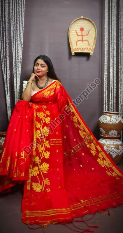 Printed Unstitched Cotton Silk Ladies Red Handloom Saree, Width : 5.5 Meter