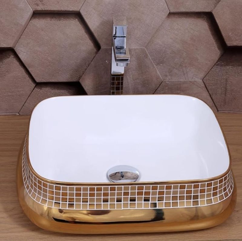 Golden White Square Ceramic Printed Polished Washbasin, For Home, Hotel, Restaurant, Style : Modern