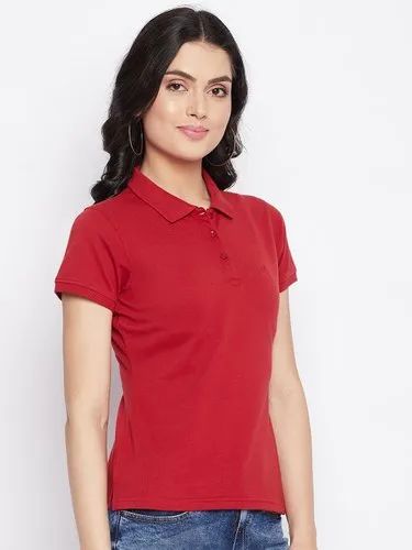 Red Half Sleeve Plain Ladies Collar T-Shirt, Size : All Sizes