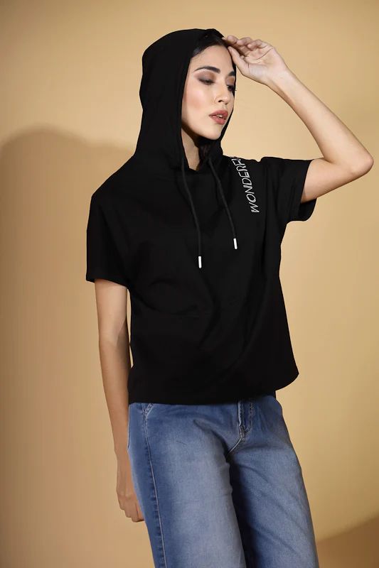 Black Half Sleeve Plain Ladies Hooded T-shirt, Size : All Sizes