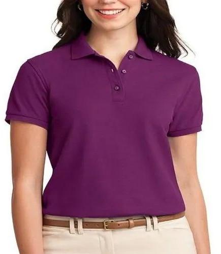 Purple Half Sleeve Plain Cotton Ladies Polo Neck T-Shirt, Size : All Sizes