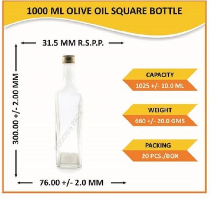 1000ml Olive Oil Square Glass Bottle, for Cosmetics