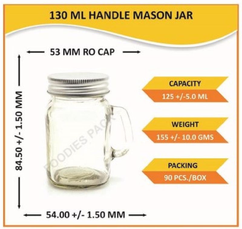 130ml Handle Glass Mason Jar, for Storage (Food, Spice, Pluses, Pickle etc)