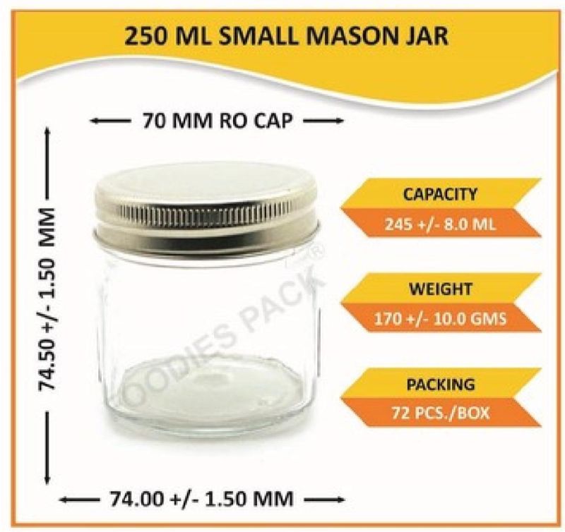 250ml Small Mason Glass Jar, for Storage (Food, Spice, Pluses, Pickle etc)