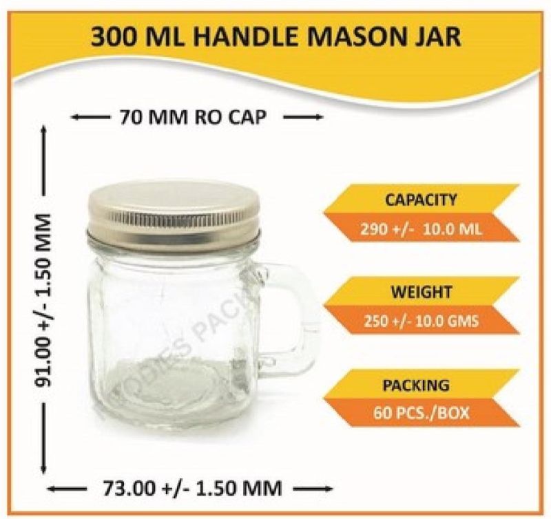 300ml Handle Mason Glass Jar, for Storage (Food, Spice, Pluses, Pickle etc)