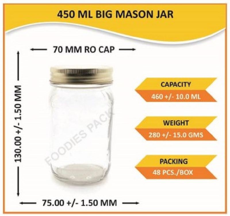 450ml Big Mason Glass Jar, for Storage (Food, Spice, Pluses, Pickle etc)