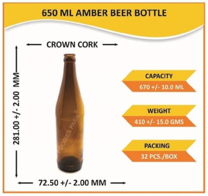 650ml Amber Beer Glass Bottle, for Wine, Cosmetic, Soft Drink