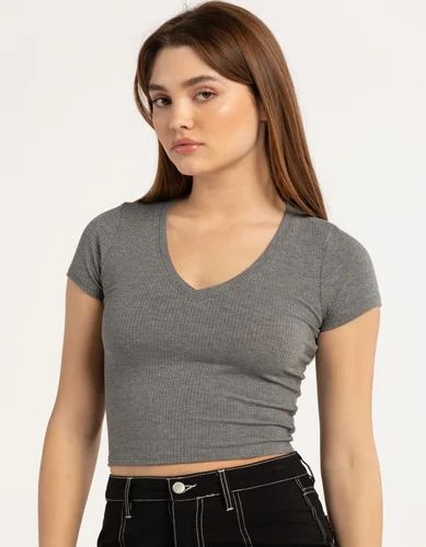 Plain V Neck Cotton Ladies Grey Crop Top, Sleeve Style : Half Sleeve