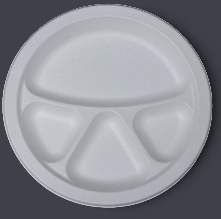 10 Inch 4 Compartment Sugarcane Bagasse Round Plate