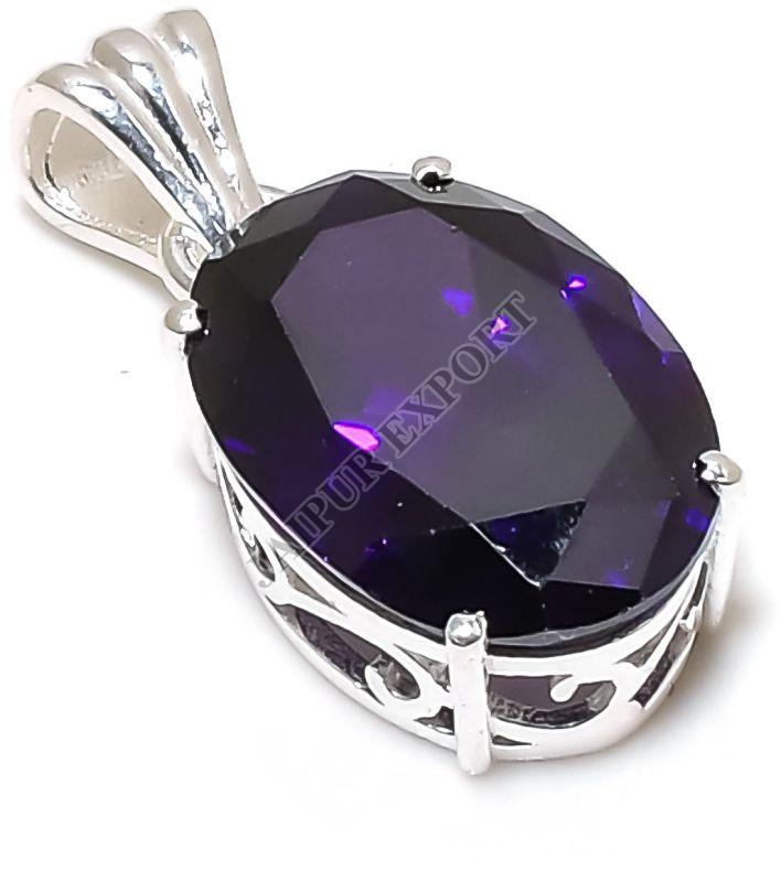 Oval Shape Sterling Silver Dark Amethyst Gemstone Pendant