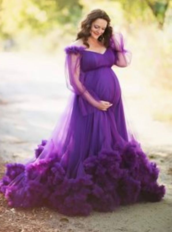 Plain Purple Satin Maternity Gown, Technics : Machine Made