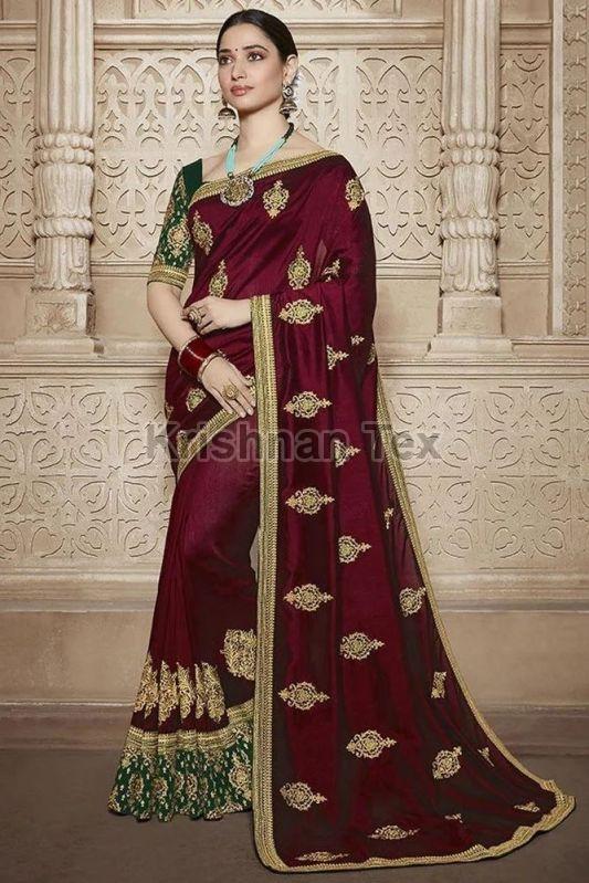 Ladies Maroon Velvet Embroidered Sarees, Technics : Machine Made