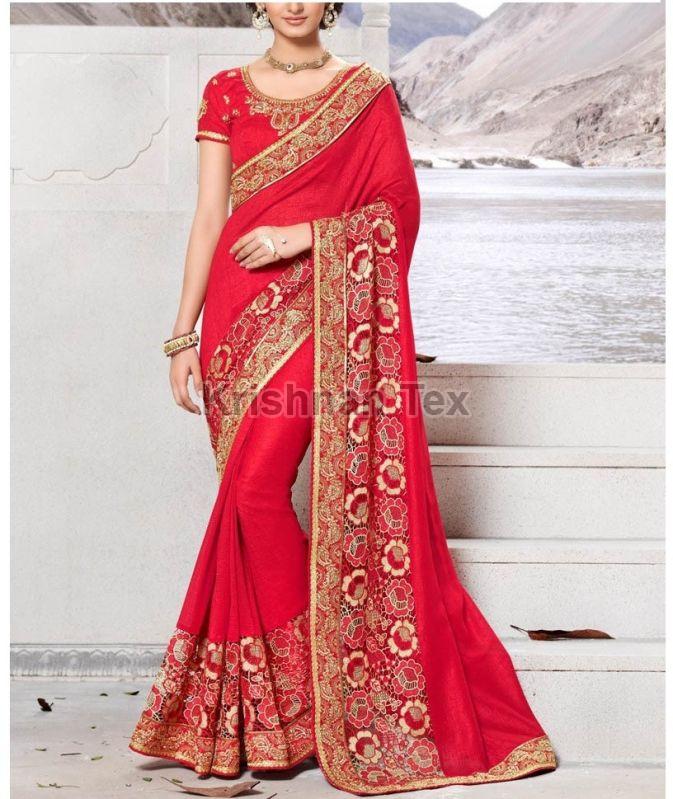 Ladies Red Wedding Wear Saree, Speciality : Easy Wash