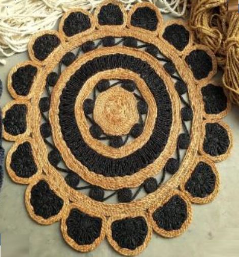 Black and Brown Jute Round Rug for Living Room
