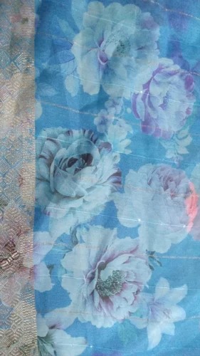 Digital Print On Sky Blue Floral Print Polycot Fabric