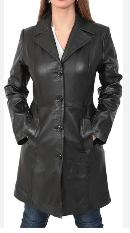 Ladies Black Leather Long Coat