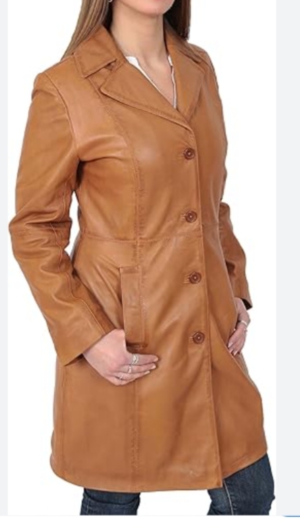 Ladies Tan Brown Leather Long Coat