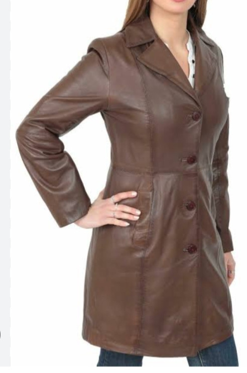 Ladies Dark Brown Leather Long Coat