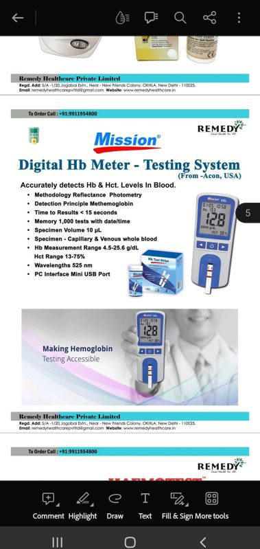 Plastic Hemoglobin Meter for Household, Laboratory