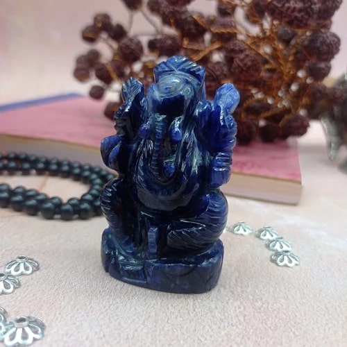 Carved Polished Sodalite Ganesh Statue for Religious Purpose