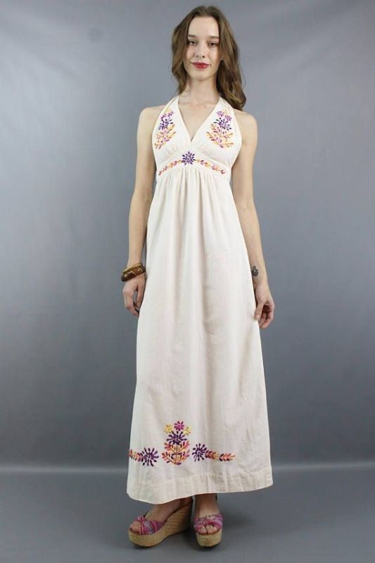 Semi Collar Cotton Embroidered gown, Length : 45 Inch