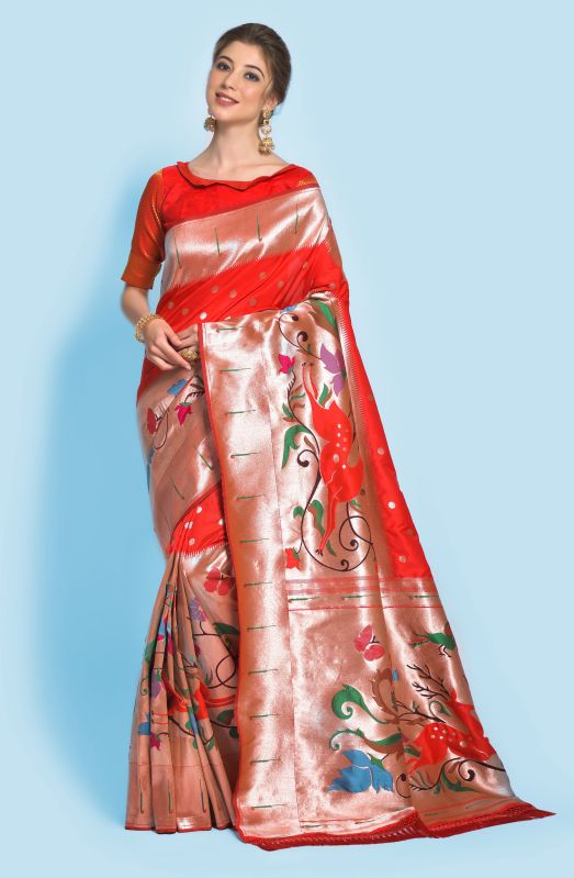 AF284 Ladies Red Zari Woven Banarasi Silk Paithani Saree With Blouse