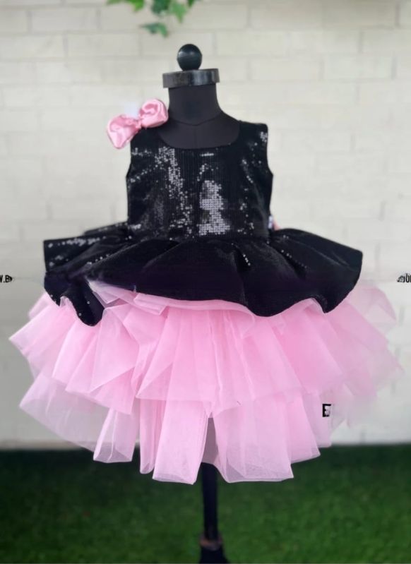 Girls Black Pink Party Wear Frock, Packaging Type : Poly Bag