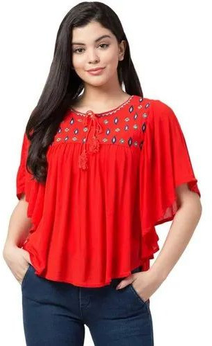 Ladies Red Printed Rayon Top