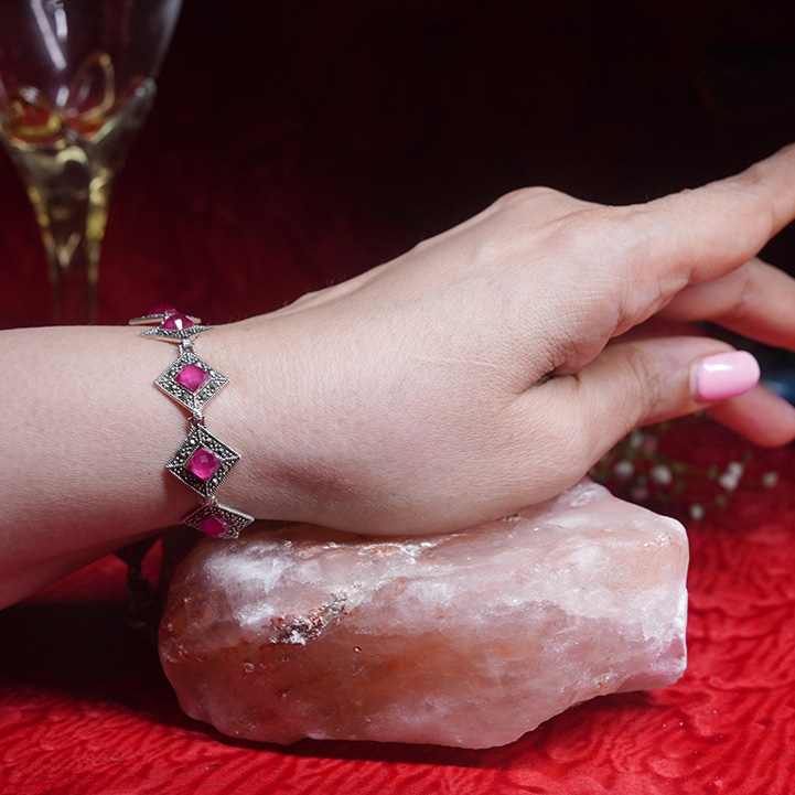 Antique Silver Loose Bracelet With Ruby Accents