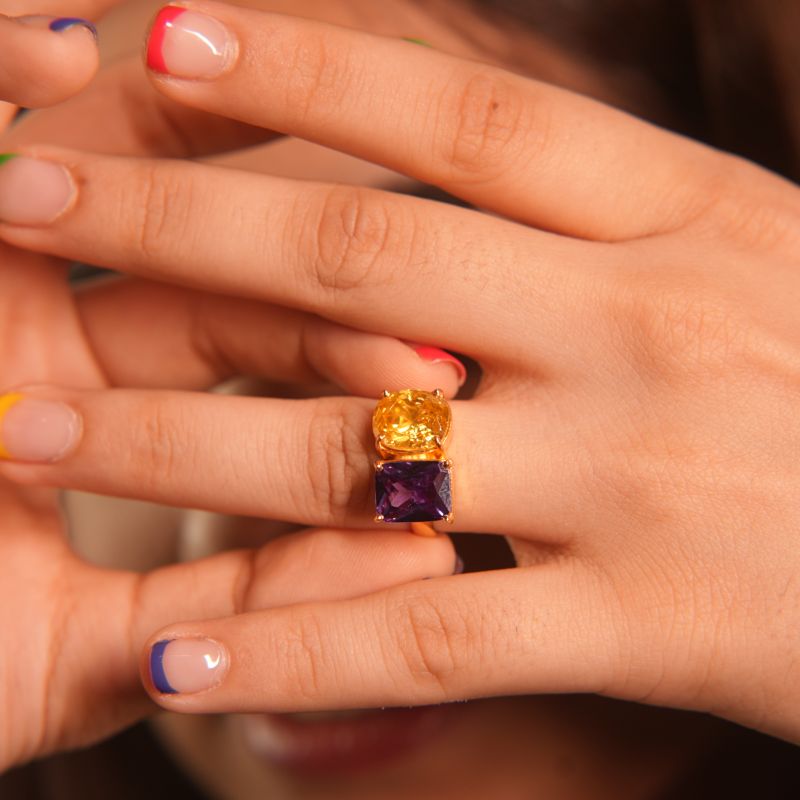 Citrine And Amethyst Stone Gold Ring