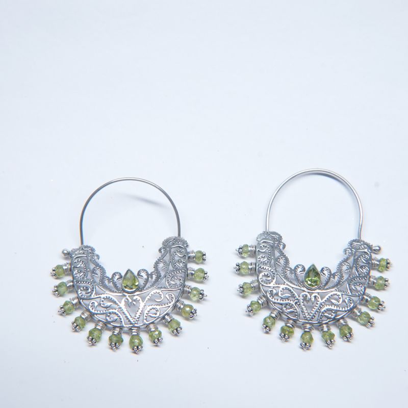 Ornate Silver Hoop Earrings With Green Accents