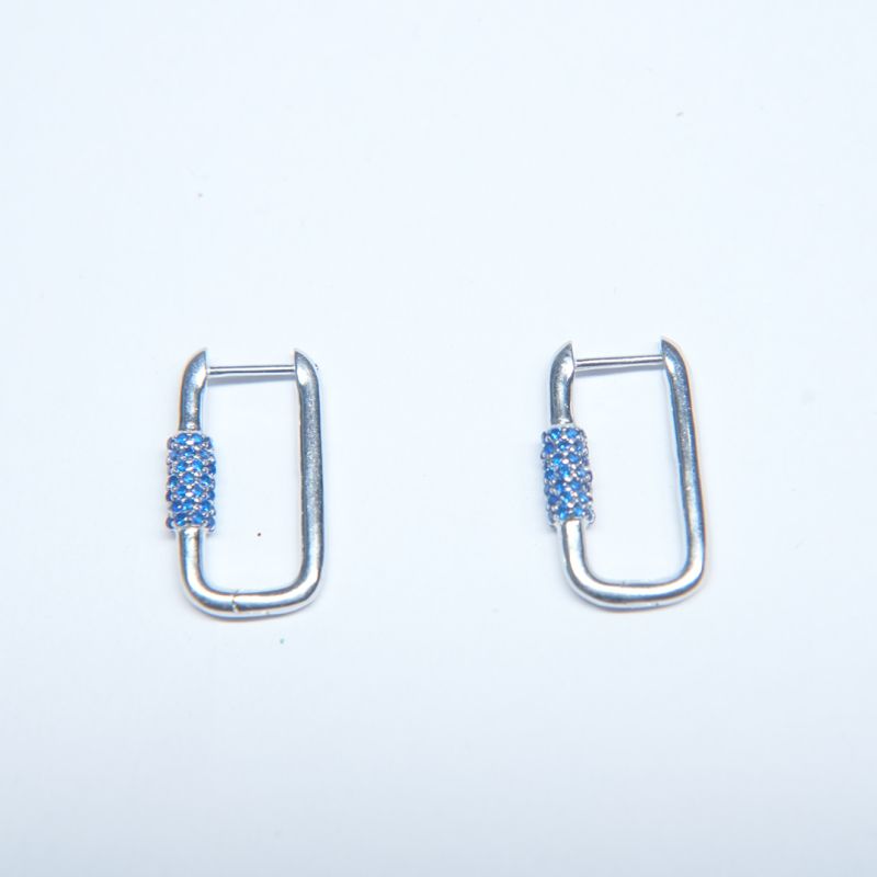 Sleek Blue Crystal Rectangular Silver Huggie Earrings