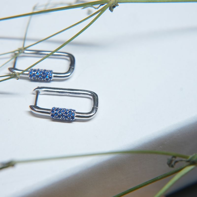 Sleek Blue Crystal Rectangular Silver Huggie Earrings