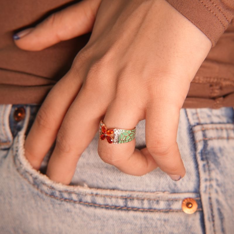 Green Enamel Garnet and Diamond Gold Ring